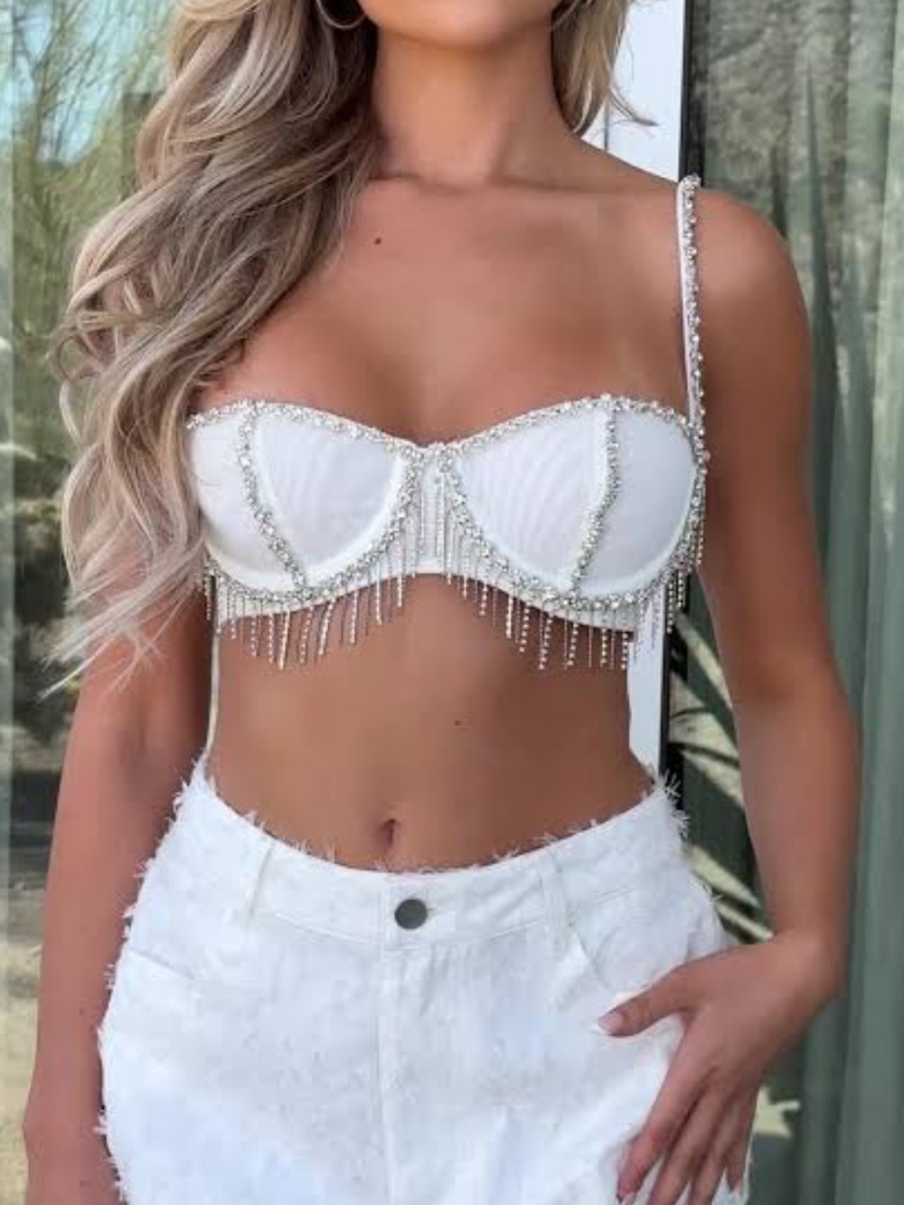 White Fox Boutique White Crystal Fringe Bustier Crop Top